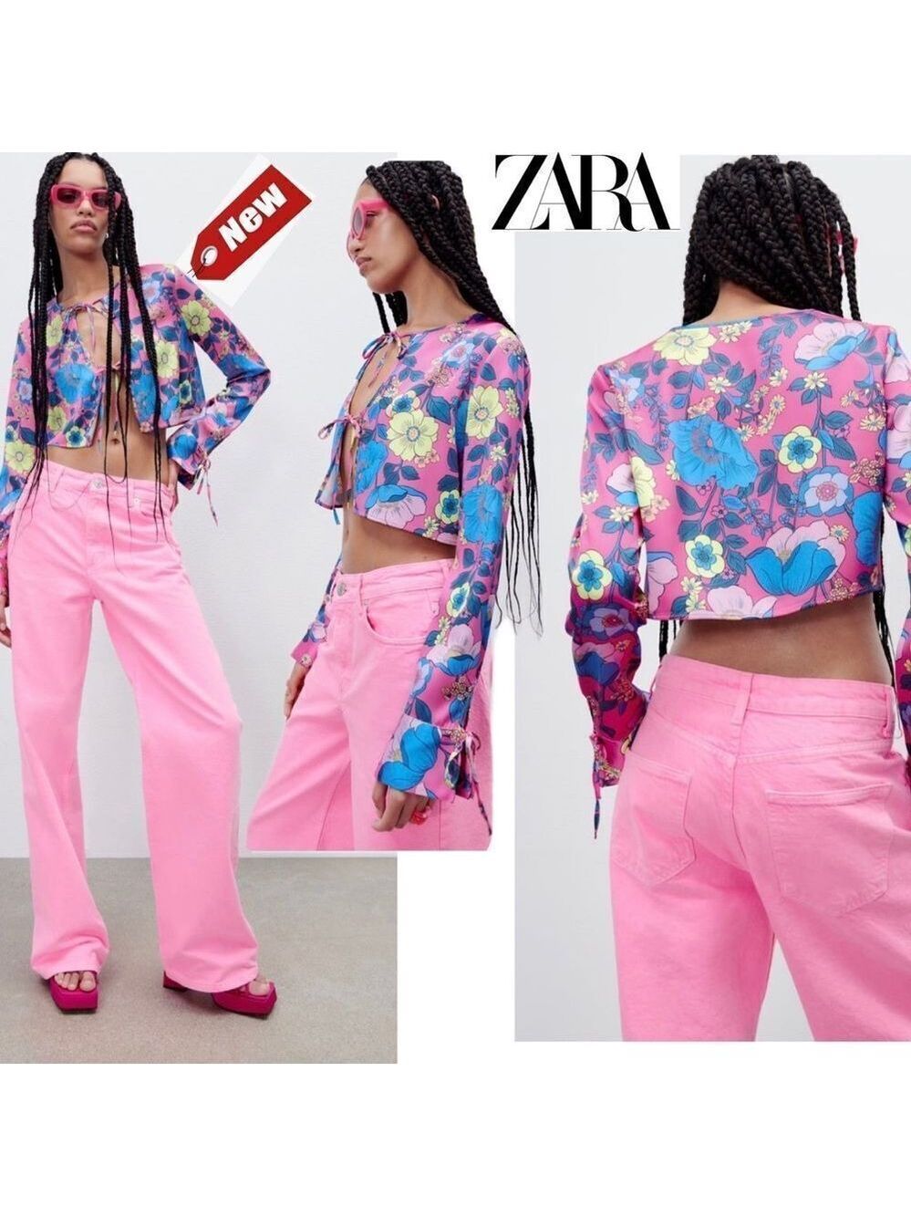 Zara fuchsia satin effect printed crop top floral flowers S NWT